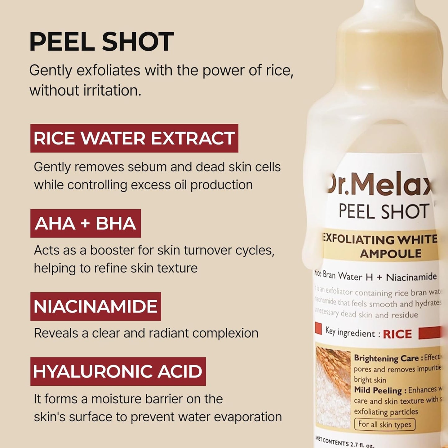 Dr. Melaxin Peel Shot Glow Rice Ampoule Duo – Brightening, Exfoliating & Moisturizing Serum for All Skin Types - 2 Pack